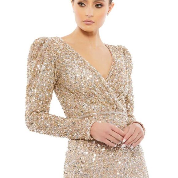 Mac Duggal Shimmering Gold Puff Shoulder Sequined Surplice Gown Dress Size 6 - Picture 4 of 10